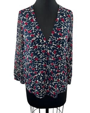 JOIE Blue Red Silk Leaf Floral Printed V-Neck Blouse Lightweight Long Sleeve XS